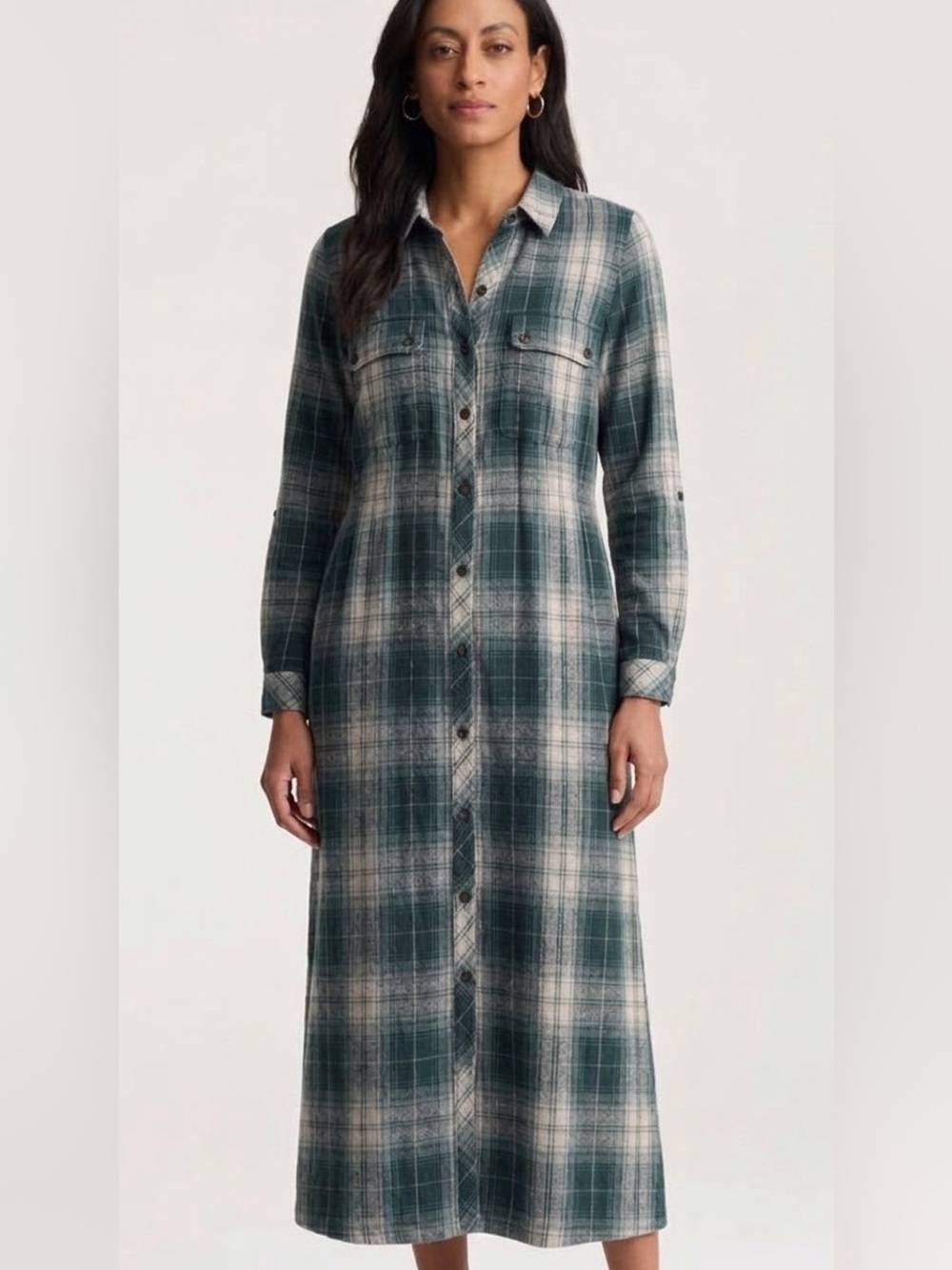 J. Jill M Teal Cream Fall Plaid Button-Front Midi shirt Dress